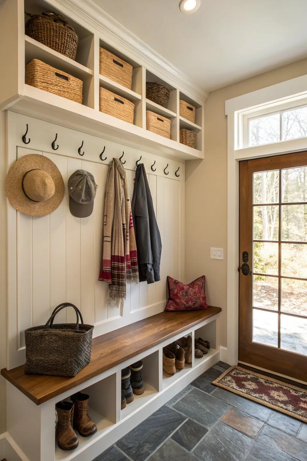 Sky-high storage options keep this mudroom streamlined and effective.