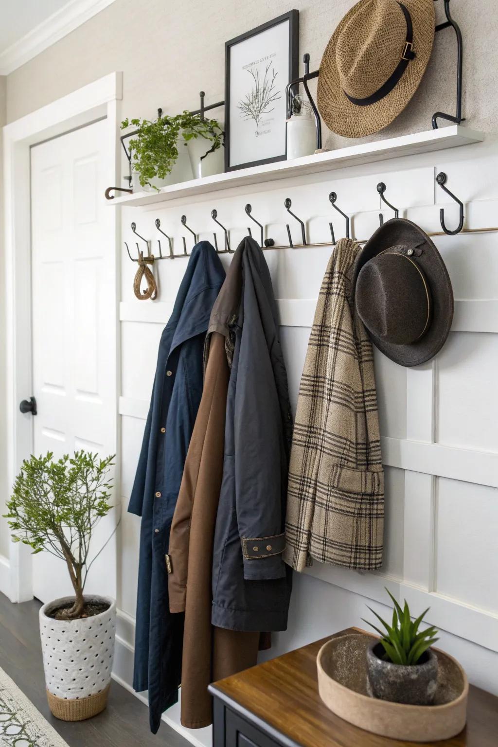 Elegant wall hooks and coat stands for a spotless entryway.