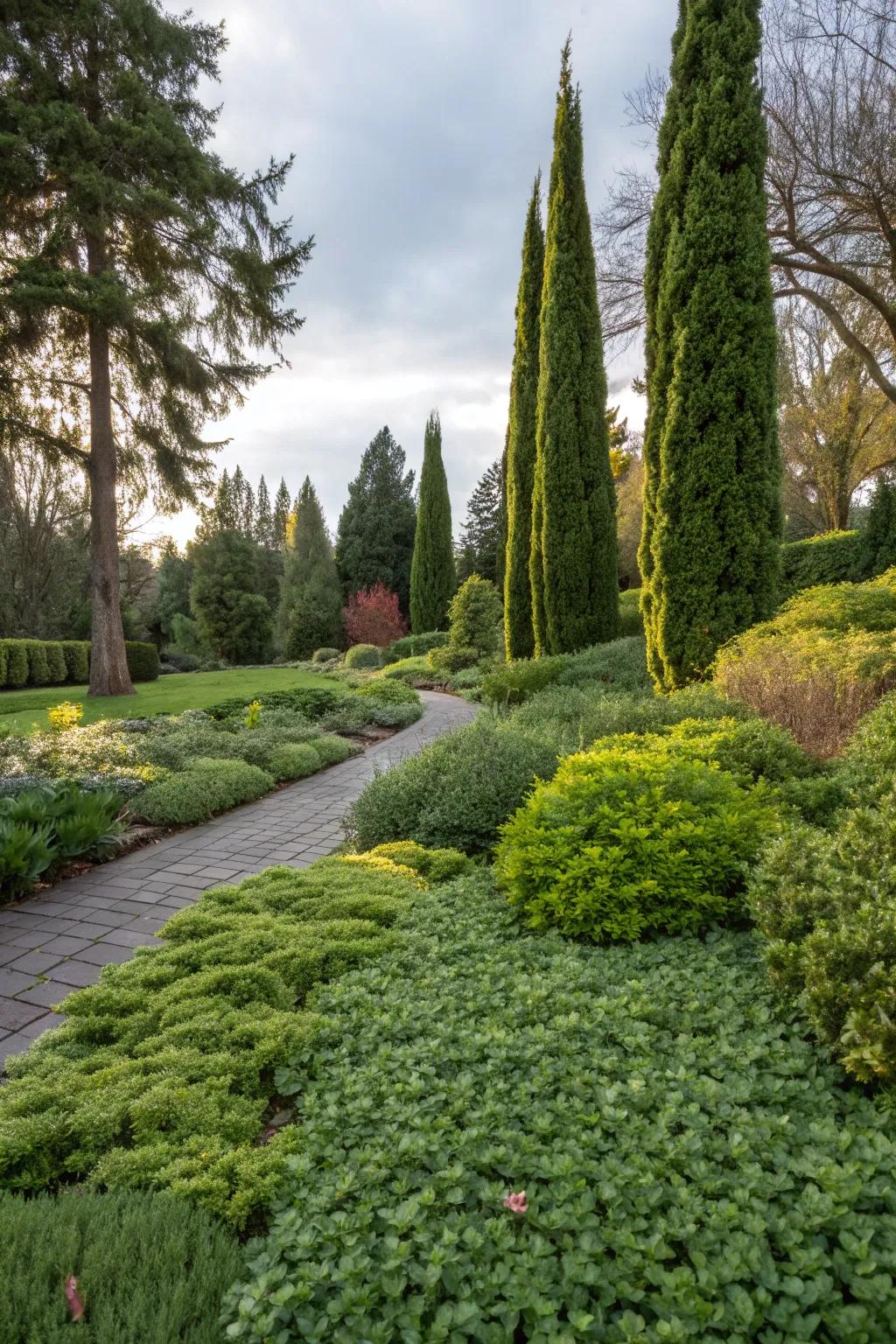 A garden artfully combining soft ground-level greenery with taller evergreen shrubs.