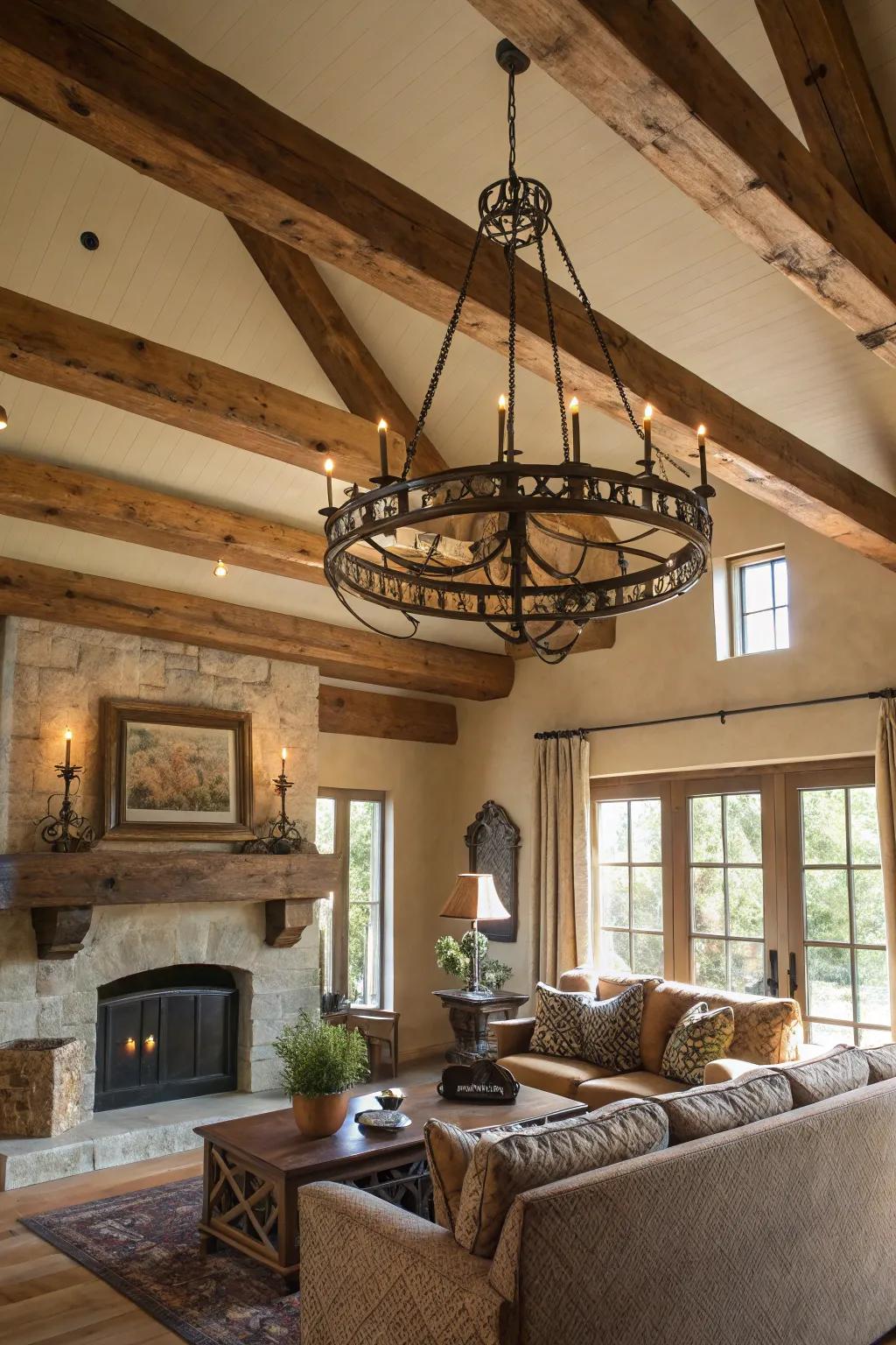 The fusion of rustic allure and refinement, showcased by a classic wrought-iron focal light.