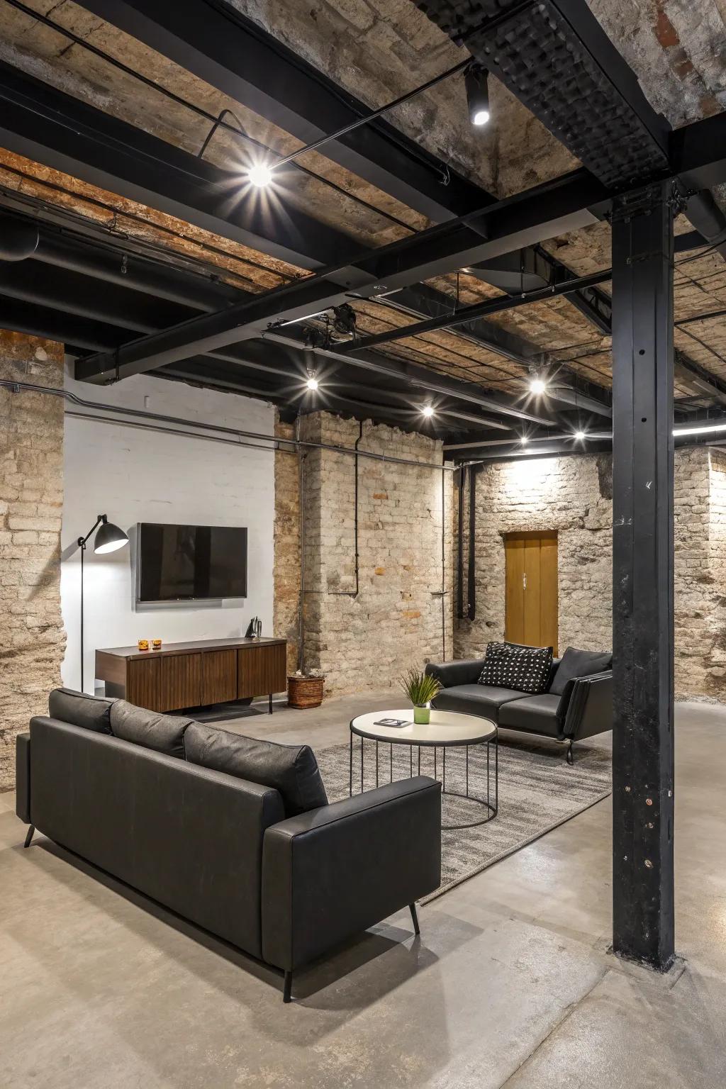 Achieve a sleek industrial look with black-painted exposed ceilings and contemporary decor.