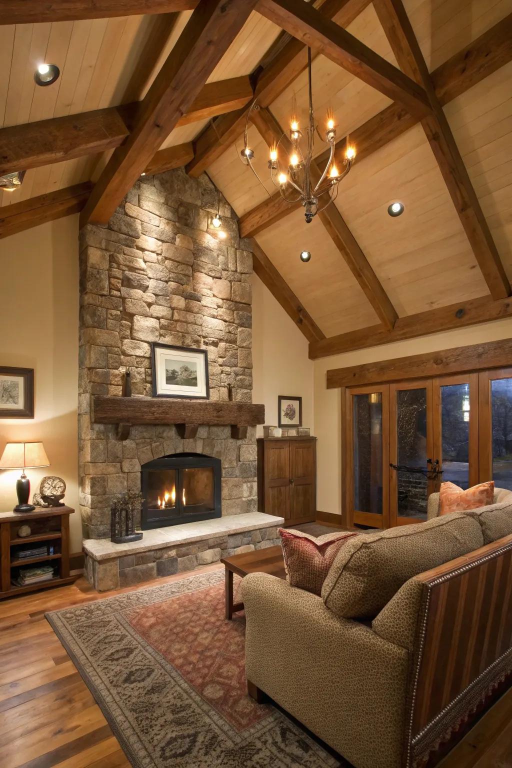 Natural wood beams offer a sense of warmth and uniqueness.