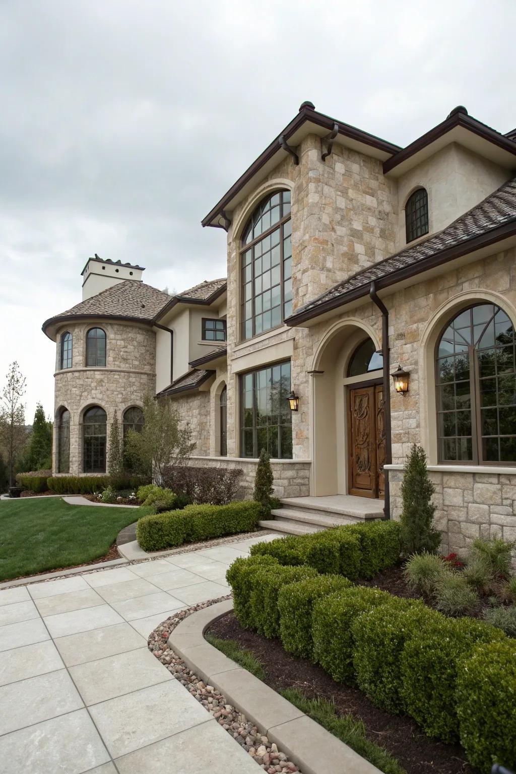 Modern European home style with a blend of stone and stucco.