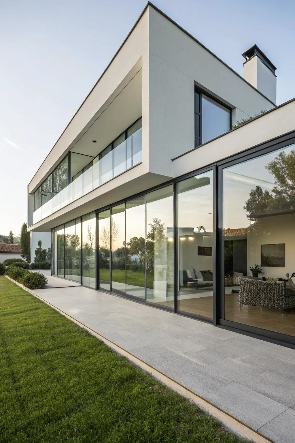 A stylish, modern home exterior featuring expansive windows.