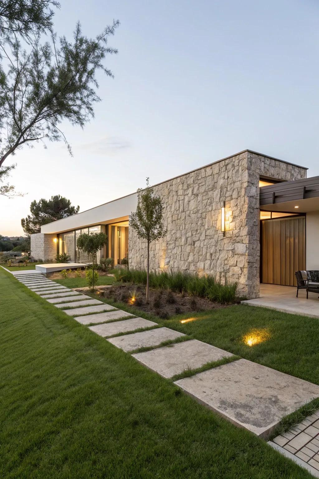 A contemporary minimalist stone facade design for a refined and elegant outdoor space.