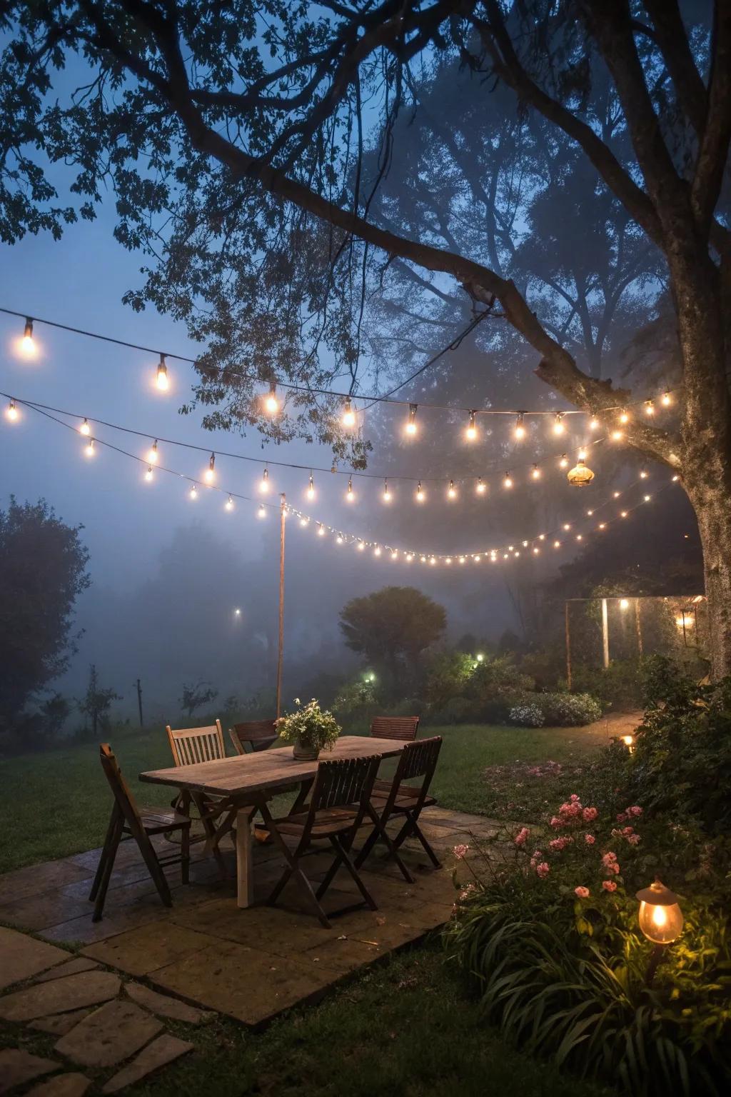 A twinkling canopy of fairy lights conjures a magical ambiance.