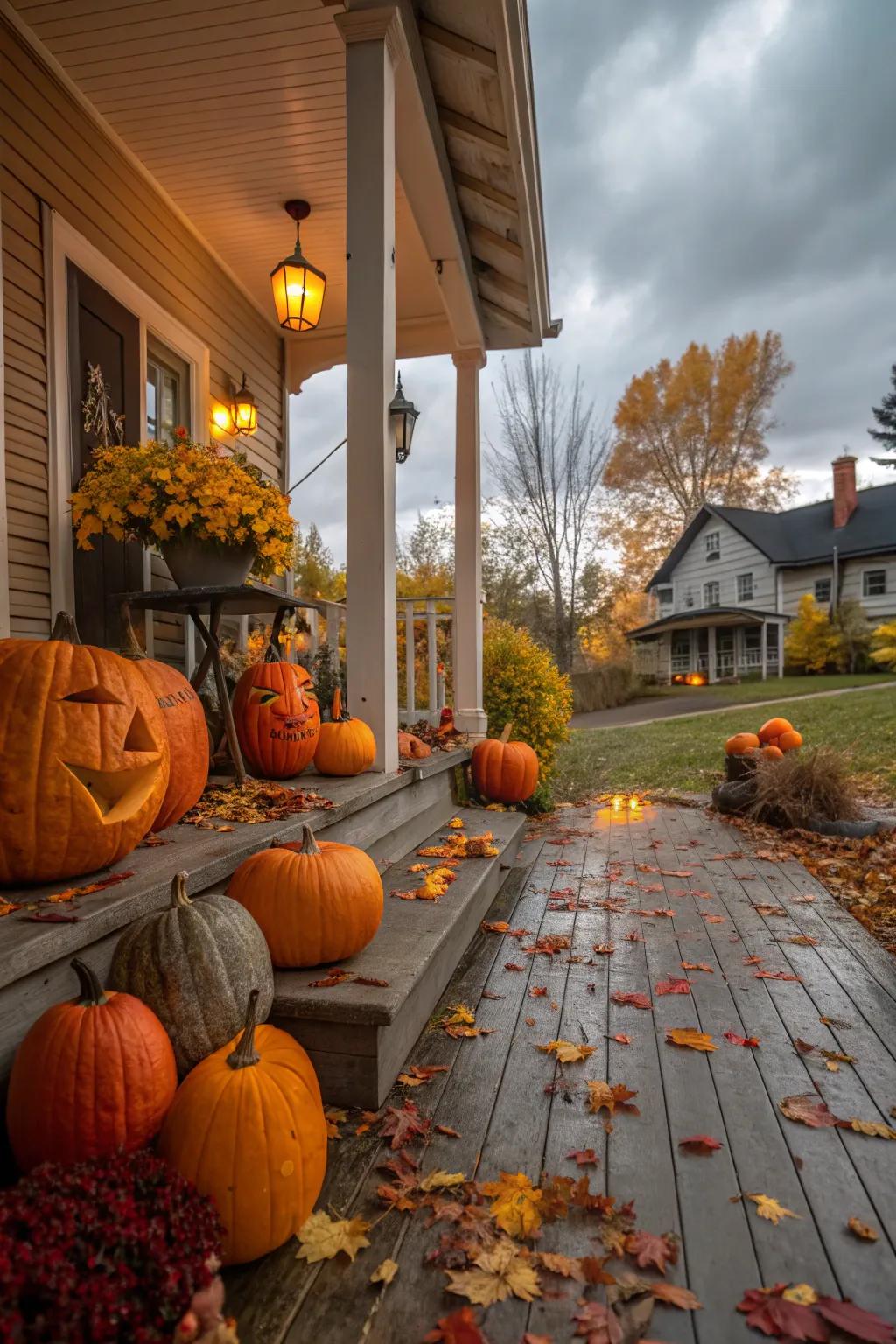 A porch adorned with an assortment of gourds, celebrating the fall season.