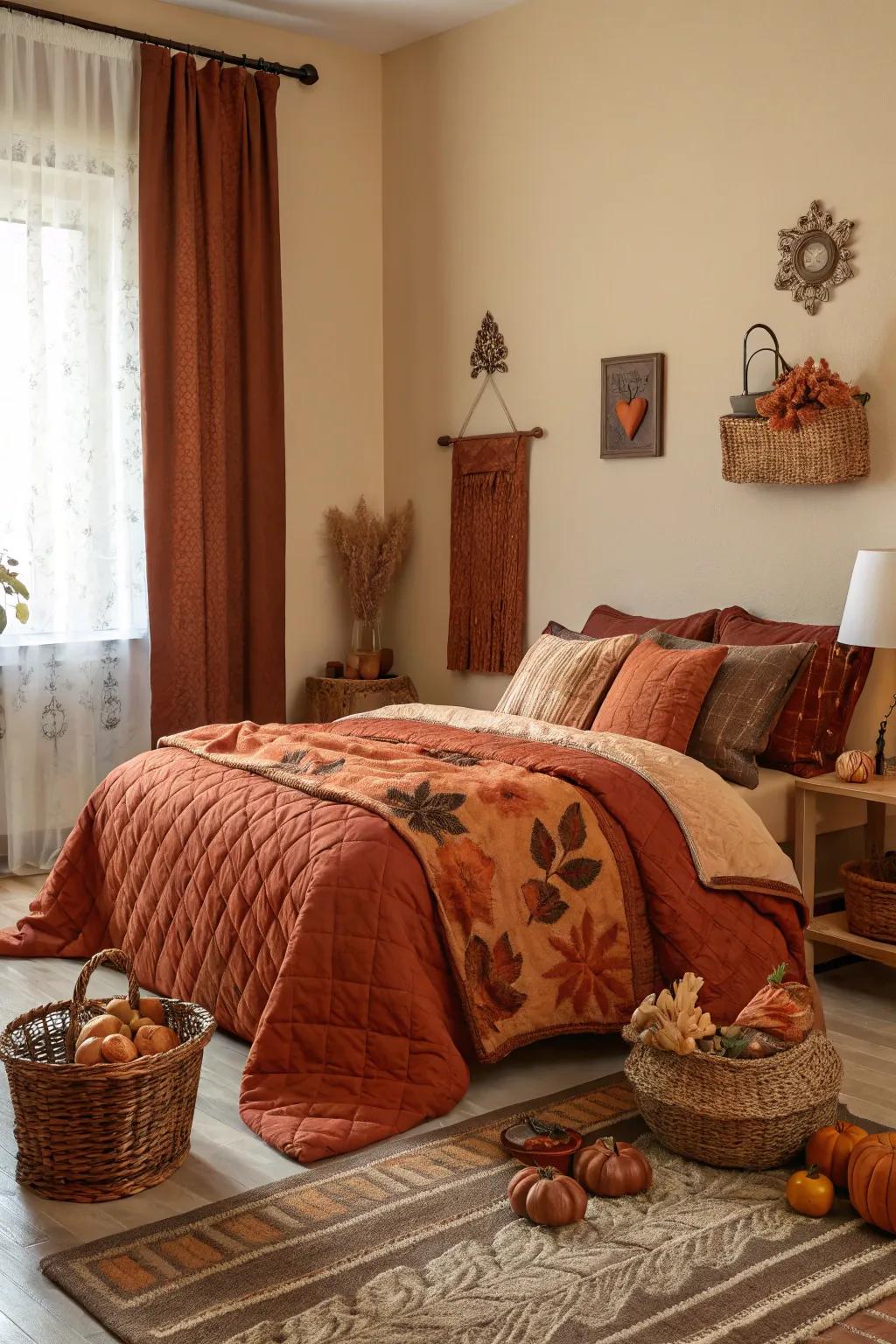 Employ warm colors to shape a snug fall atmosphere within your bedroom.
