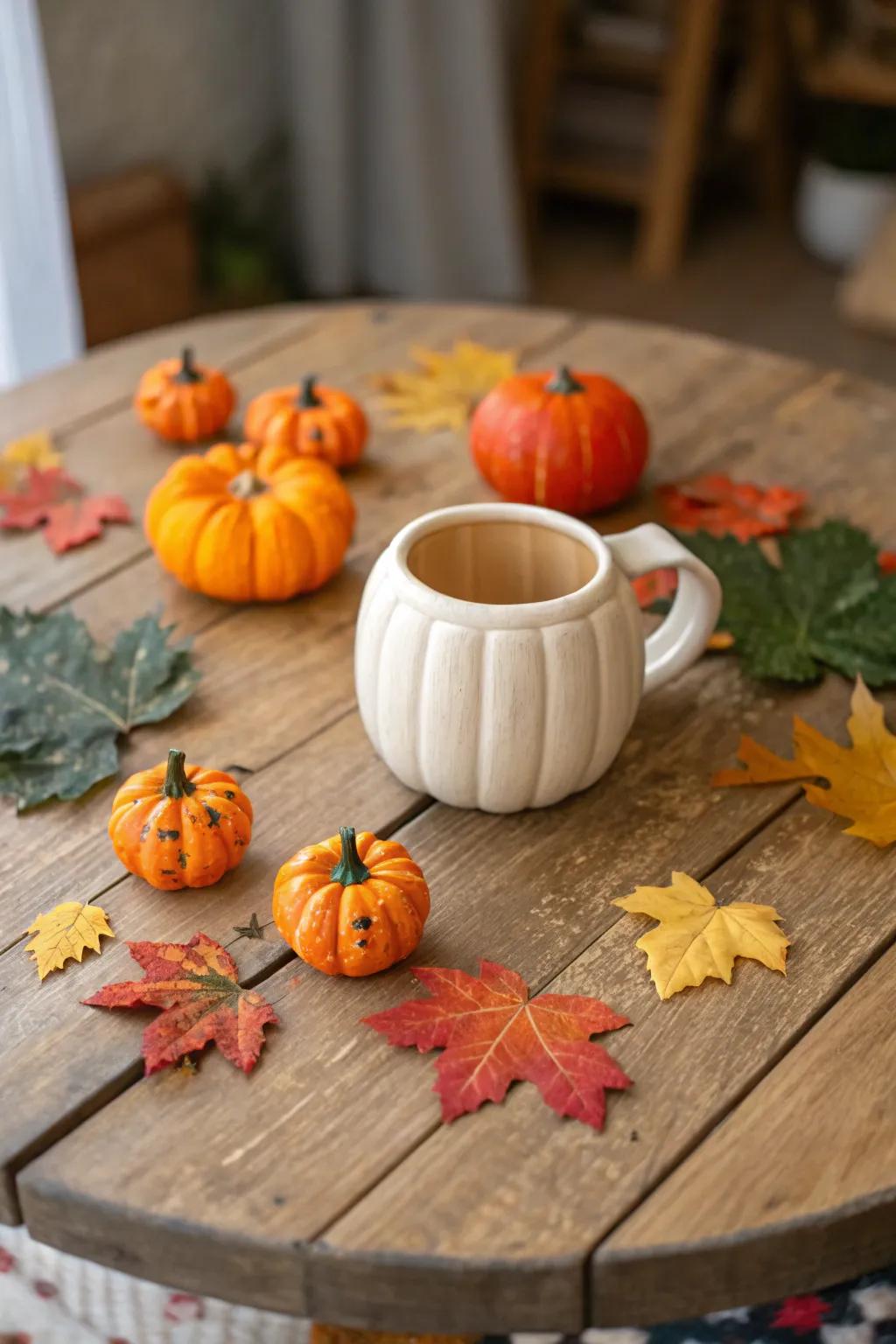 Pumpkin-shaped ceramic cup ideal for the fall season.
