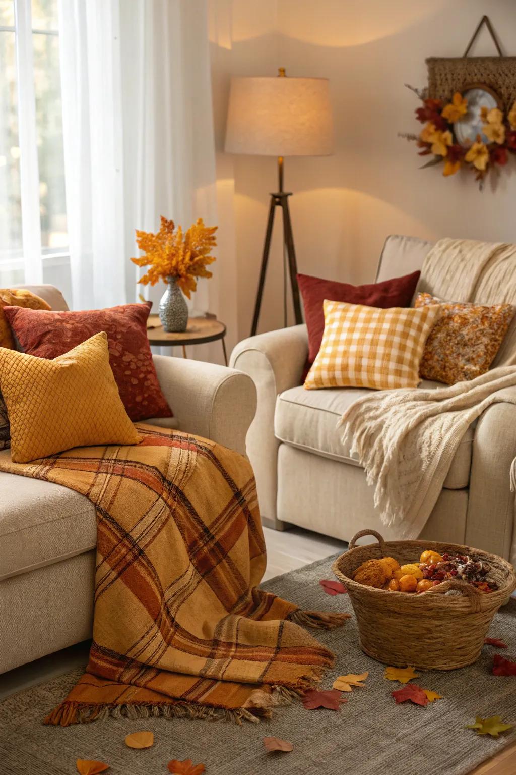 Earthy colors like orange and brown truly encapsulate the essence of autumn within your living area.