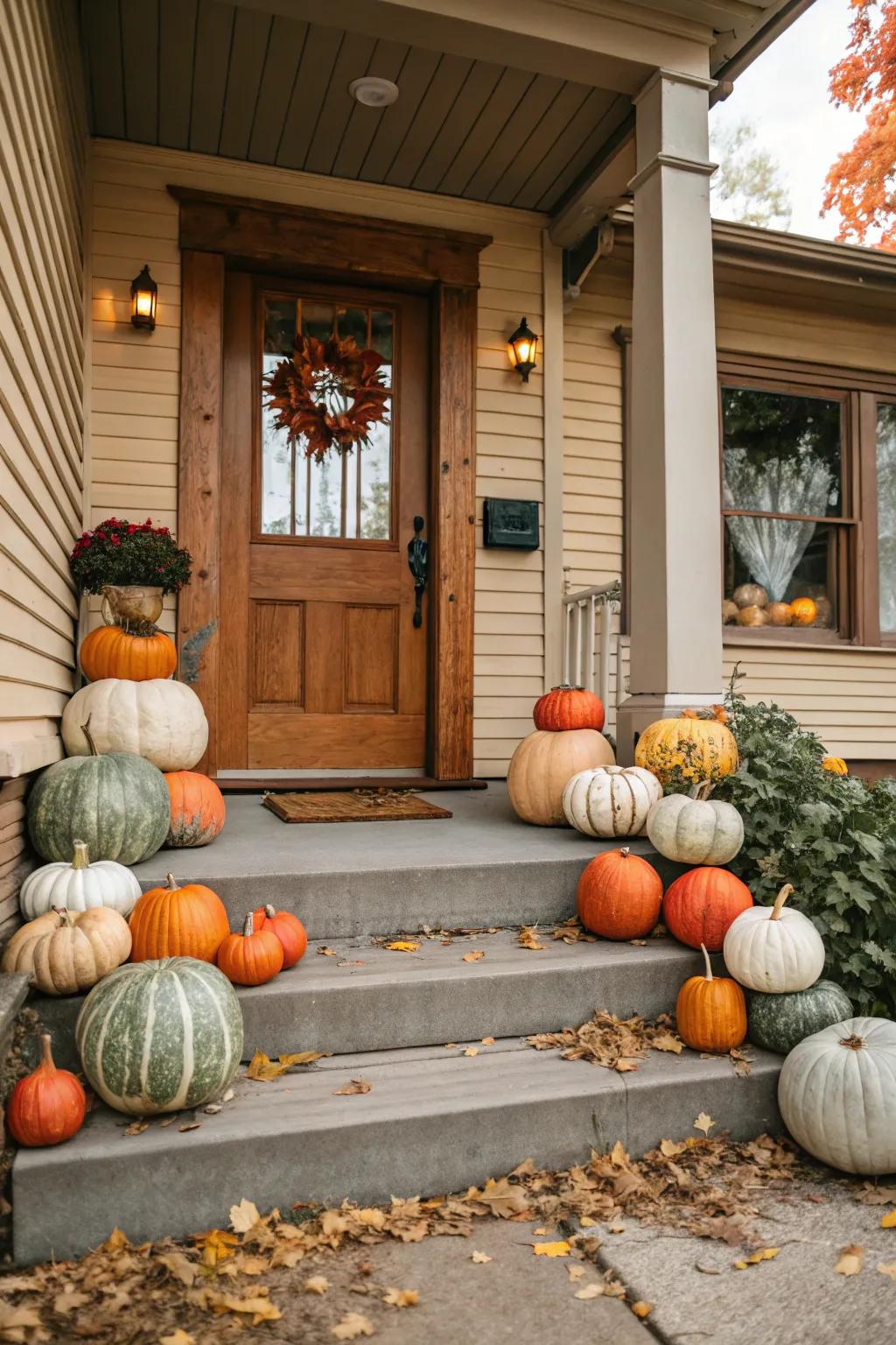 An eye-catching gathering of gourds in various shades, warmly welcoming guests.
