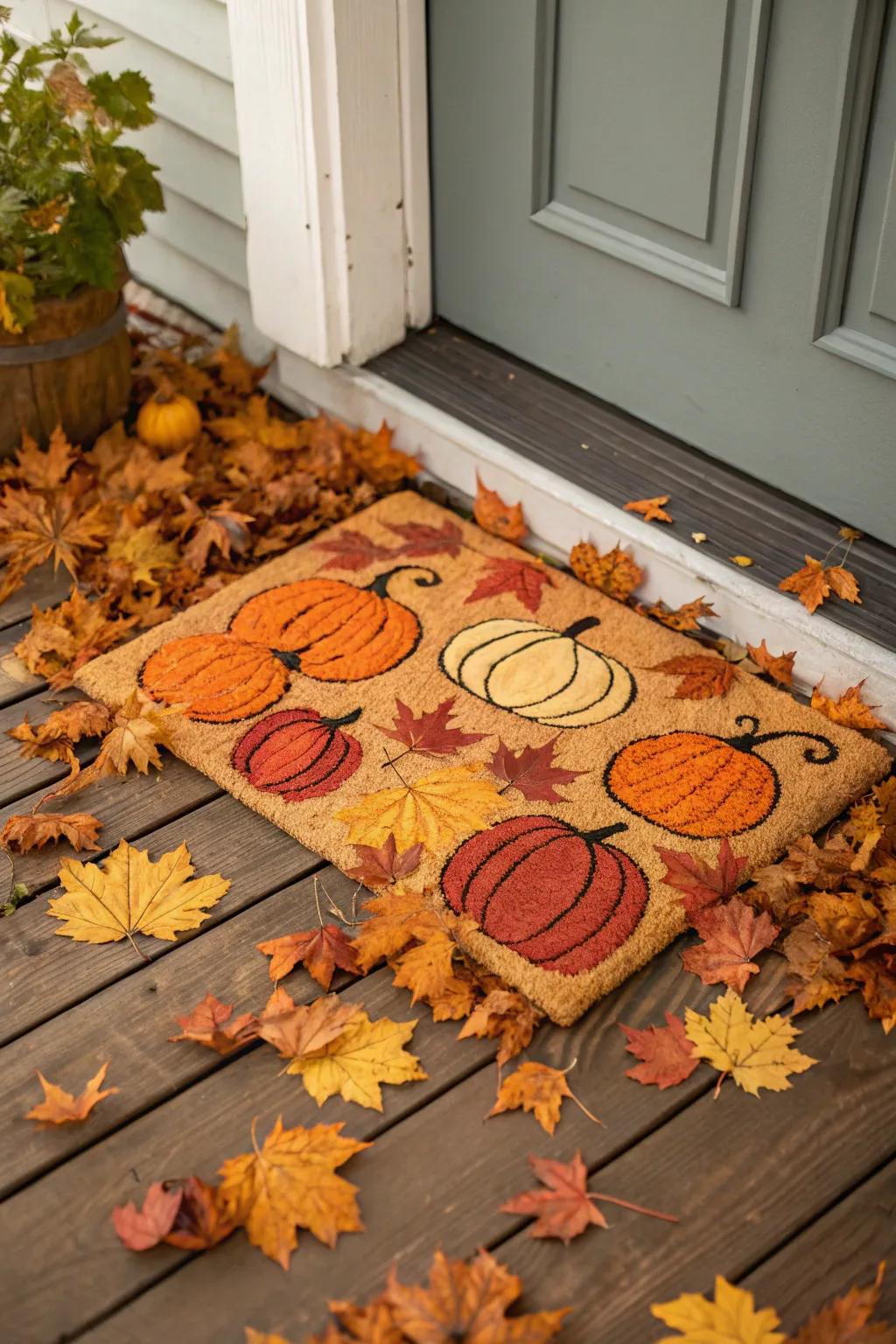 Gourd-themed doormat complemented by autumn foliage.