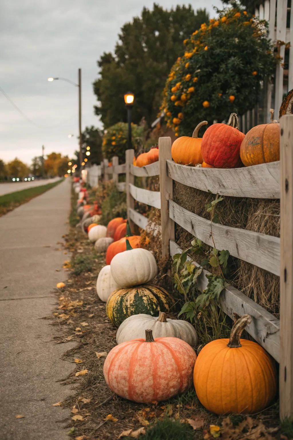 An assortment of gourds lines a fence, presenting a vibrant autumn spectacle.