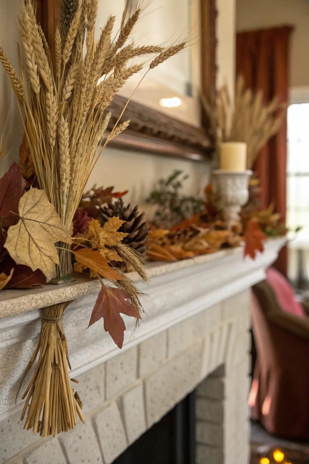 A mantel decorated with dehydrated foliage and cereal culms, embodying the quintessence of fall.