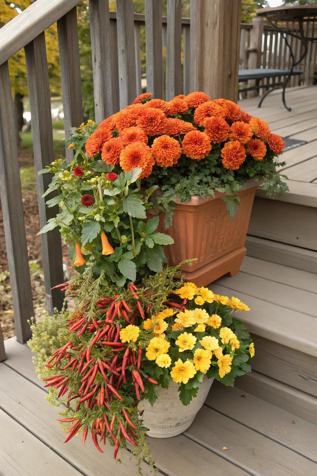 Layered containers highlight the dynamic hues of fall, enlivening your porch.