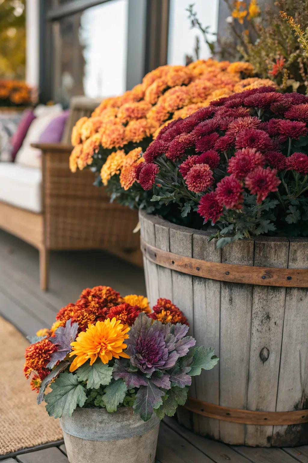 Enhance your outdoor setting by combining mums and ornamental cabbage.