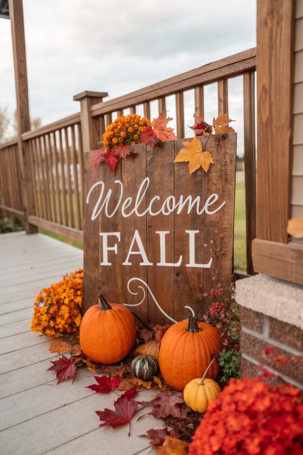 A rustic marker that warmly welcomes the fall season.