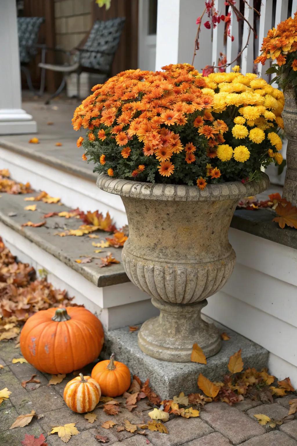 A classic combination of pumpkins and mums in a fall urn planter.