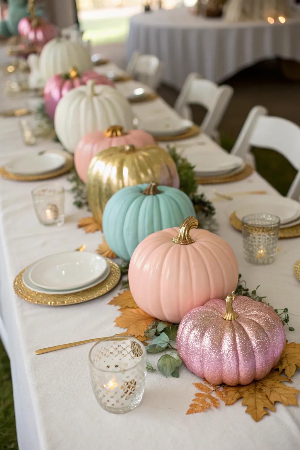 Stylish pumpkin centerpieces painted in metallic and pastel shades, ideal for a distinctive fall wedding.