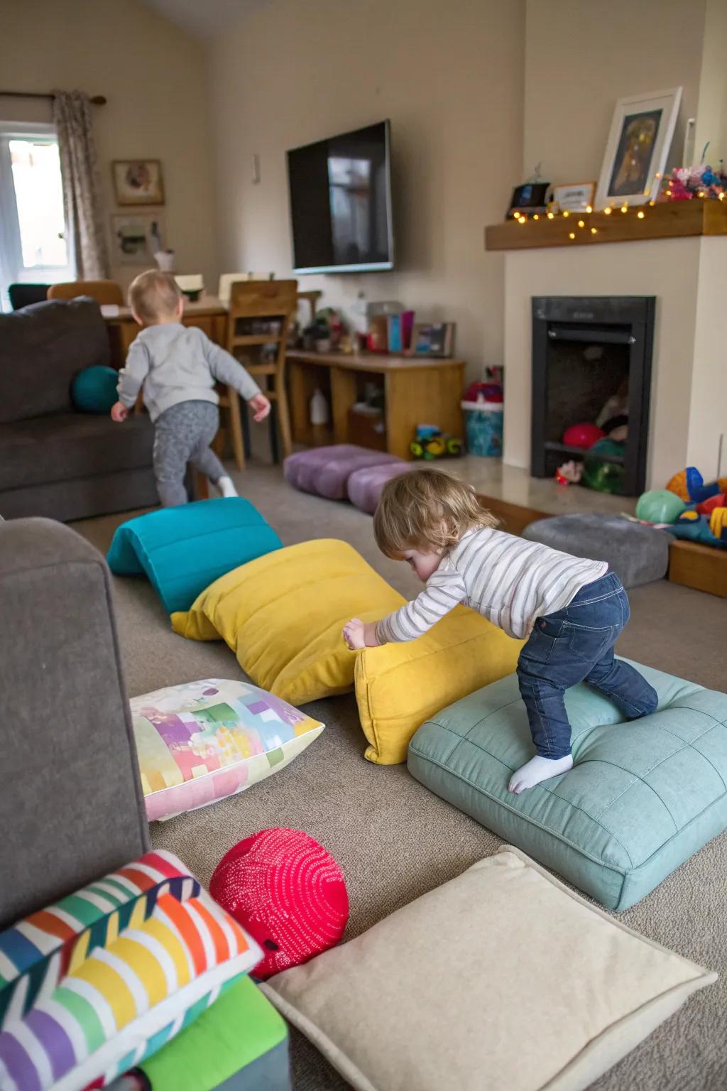 An exciting, self-made obstacle track turns a regular living space into an adventurous playground for toddlers.
