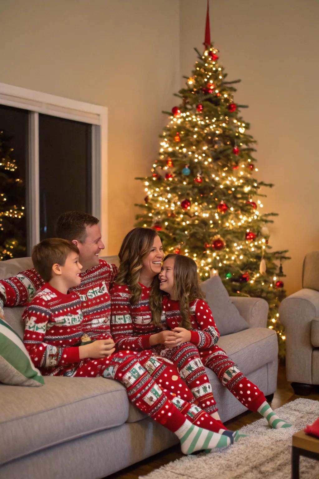 Craft a welcoming scene with matching pajamas for a joyful and festive family photograph.