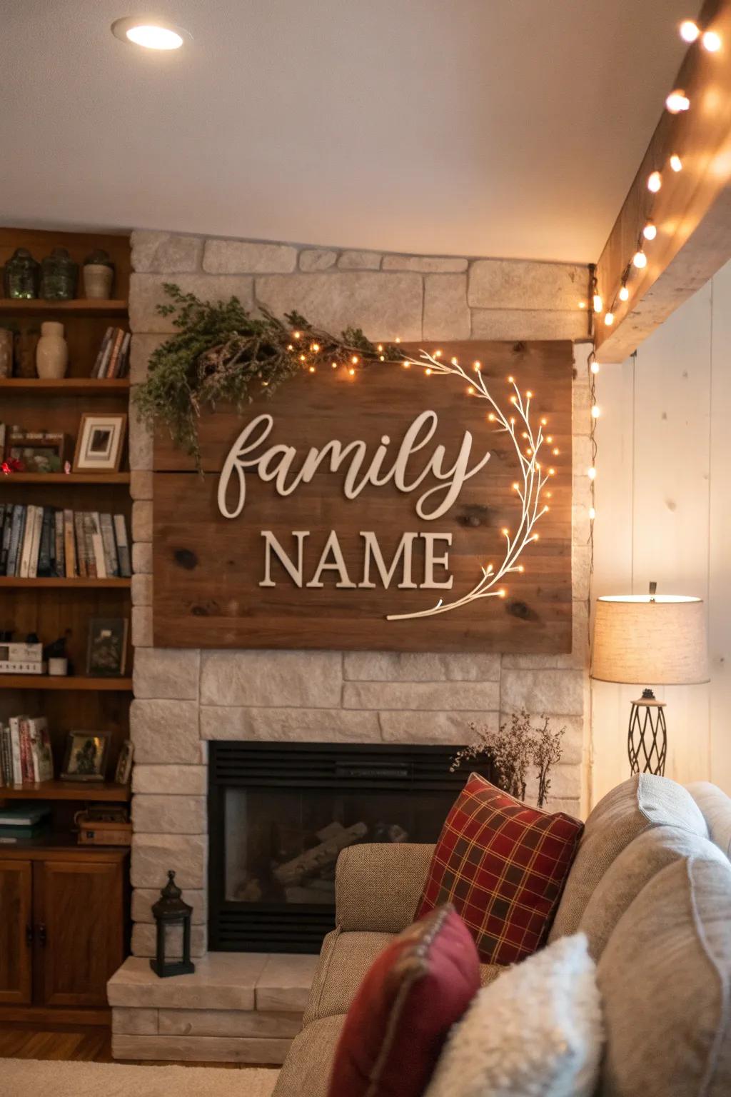 A classic wood family name display adding warmth to a living space.