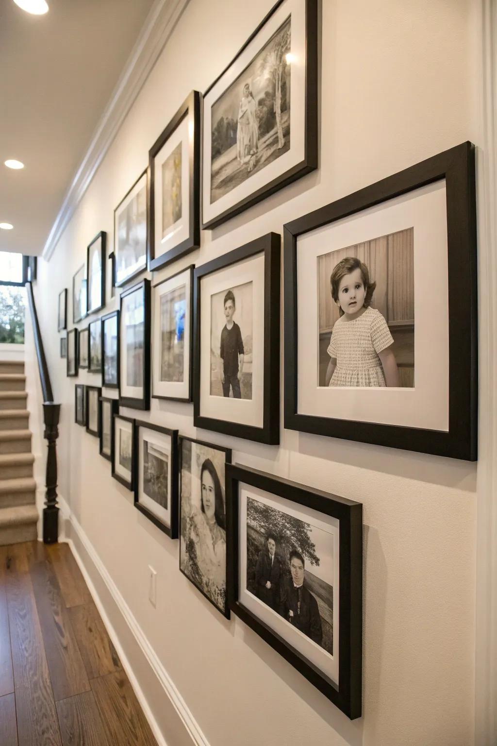 A timeless gallery arrangement featuring uniform frames contributes sophistication and allure.