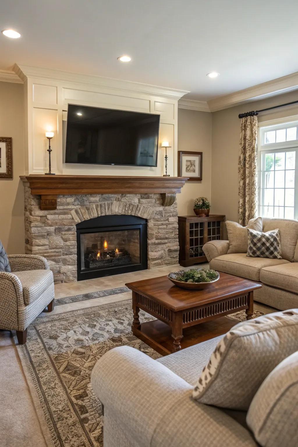 A family room showcases a TV elegantly mounted above a welcoming fireplace.