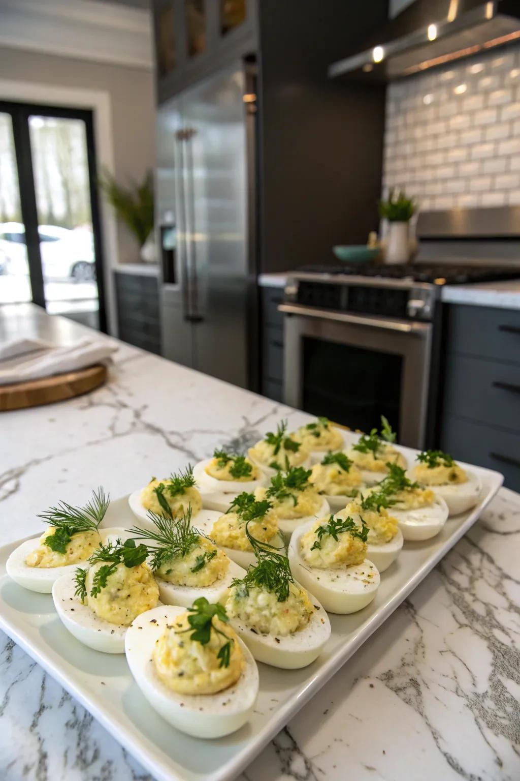 Herb-infused deviled eggs add a fresh twist to a classic favorite.