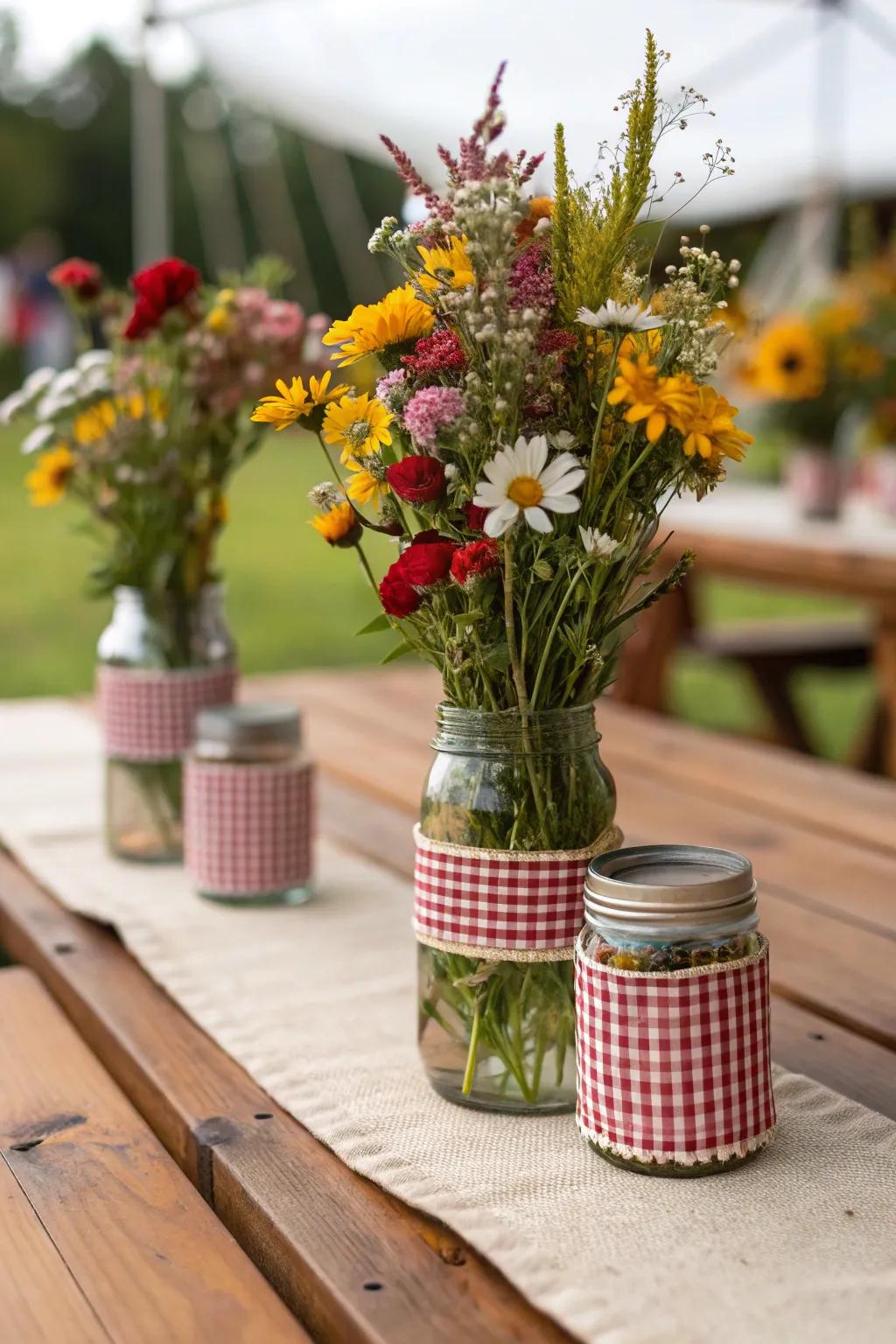 Glassware vessels wrapped in patterned cotton offer a rustic touch alongside wildflowers.