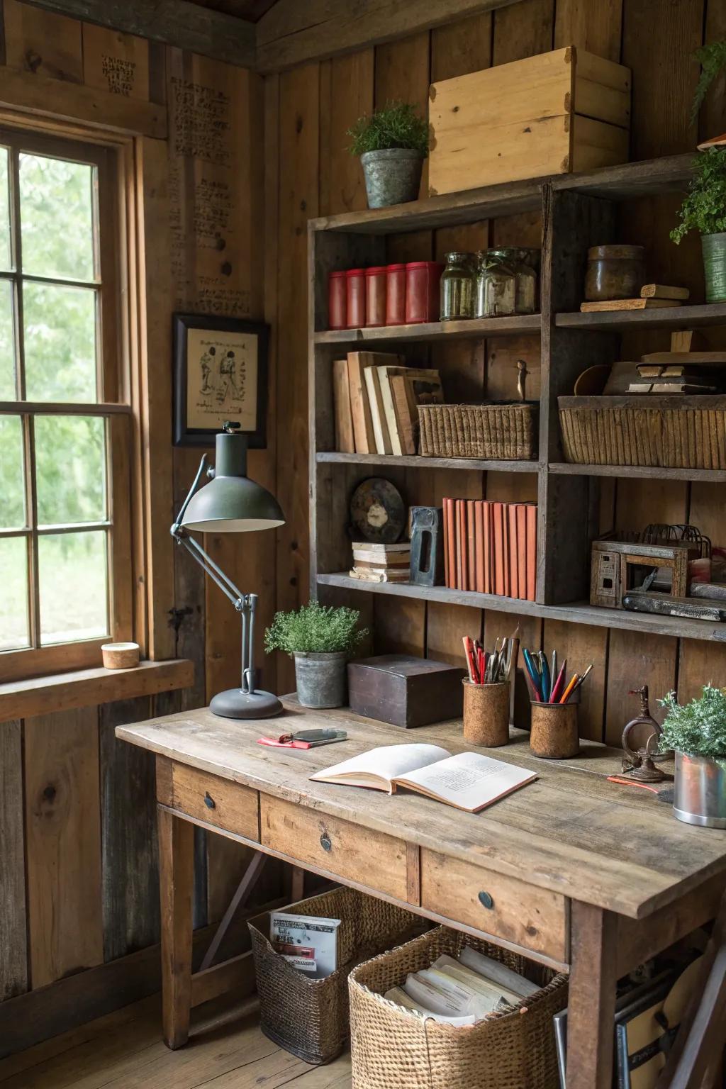A farm office with repurposed wood accents, including heat and appeal.