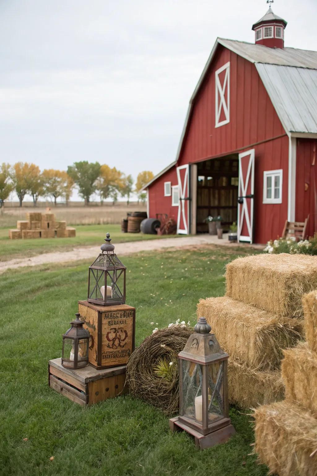 An eye-catching crimson barn display set against hay bales, a flawless complement for a countryside-themed birthday festivity.