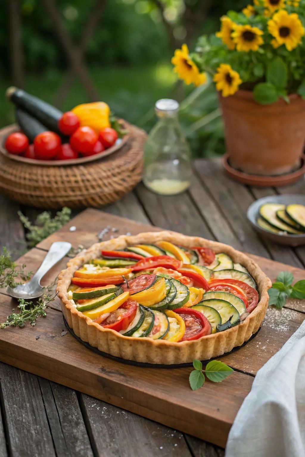 A summer vegetable tart beautifully captures the season's lively hues.