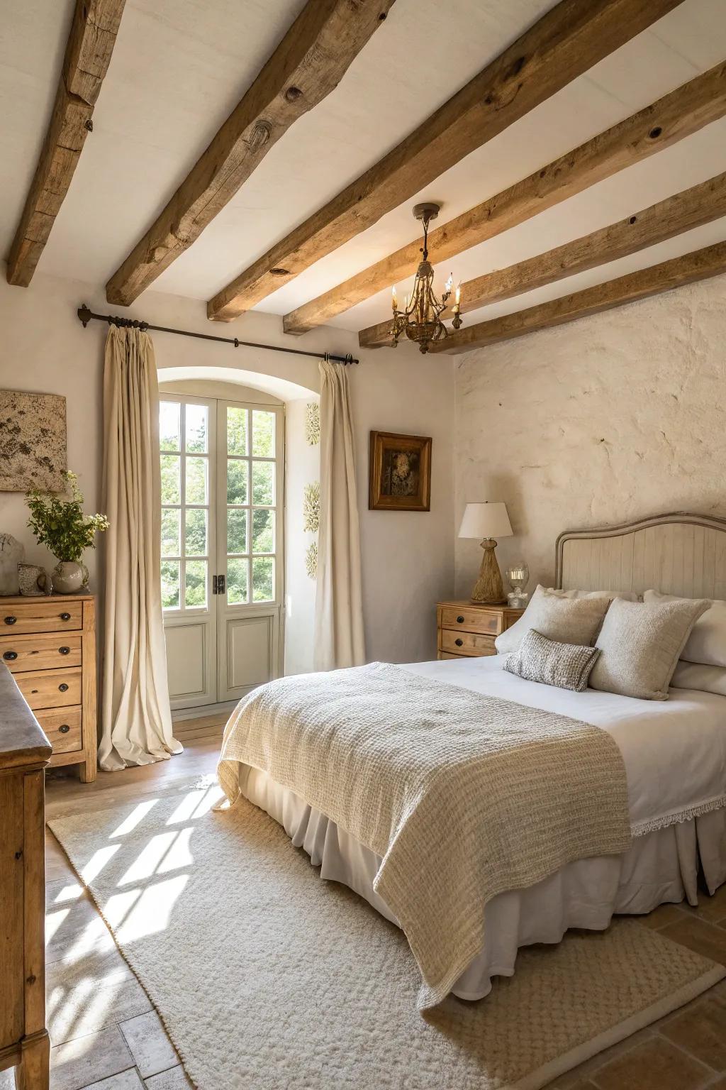 A bright and airy farmhouse bedroom with a soothing neutral palette.