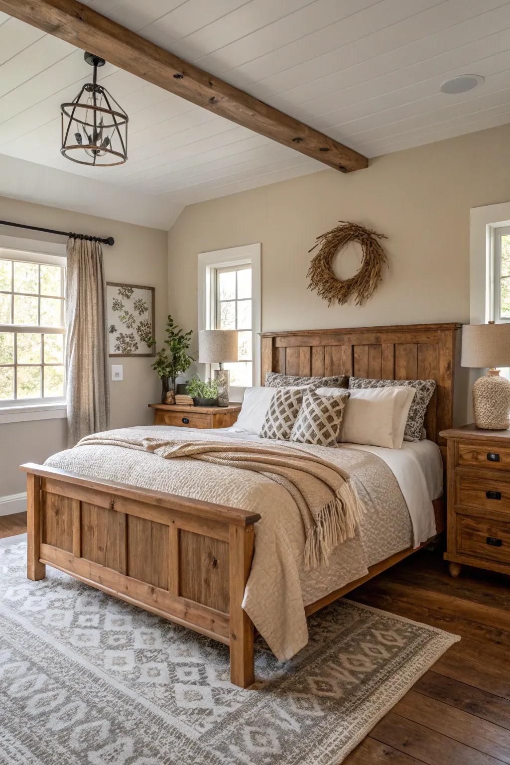 Neutral tones fashion a tranquil and relaxing farmhouse atmosphere.