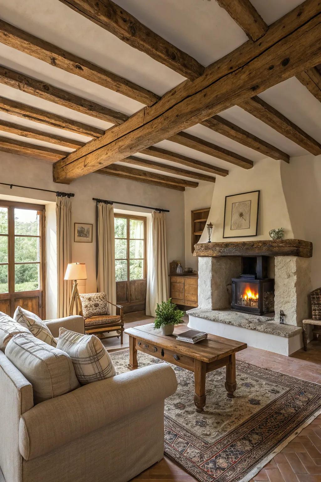Unveiled wooden beams bring warmth and countryside charisma to this farmhouse living room.