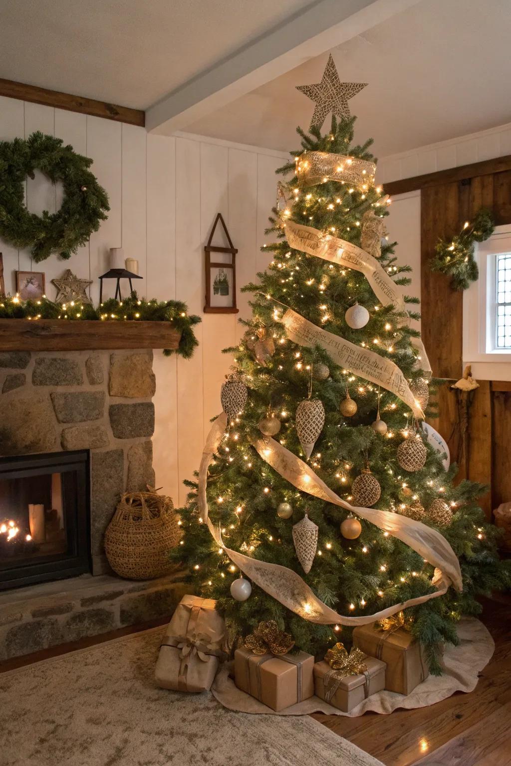 A farmhouse-style Christmas tree beautifully decorated with burlap ribbons and rustic ornaments.