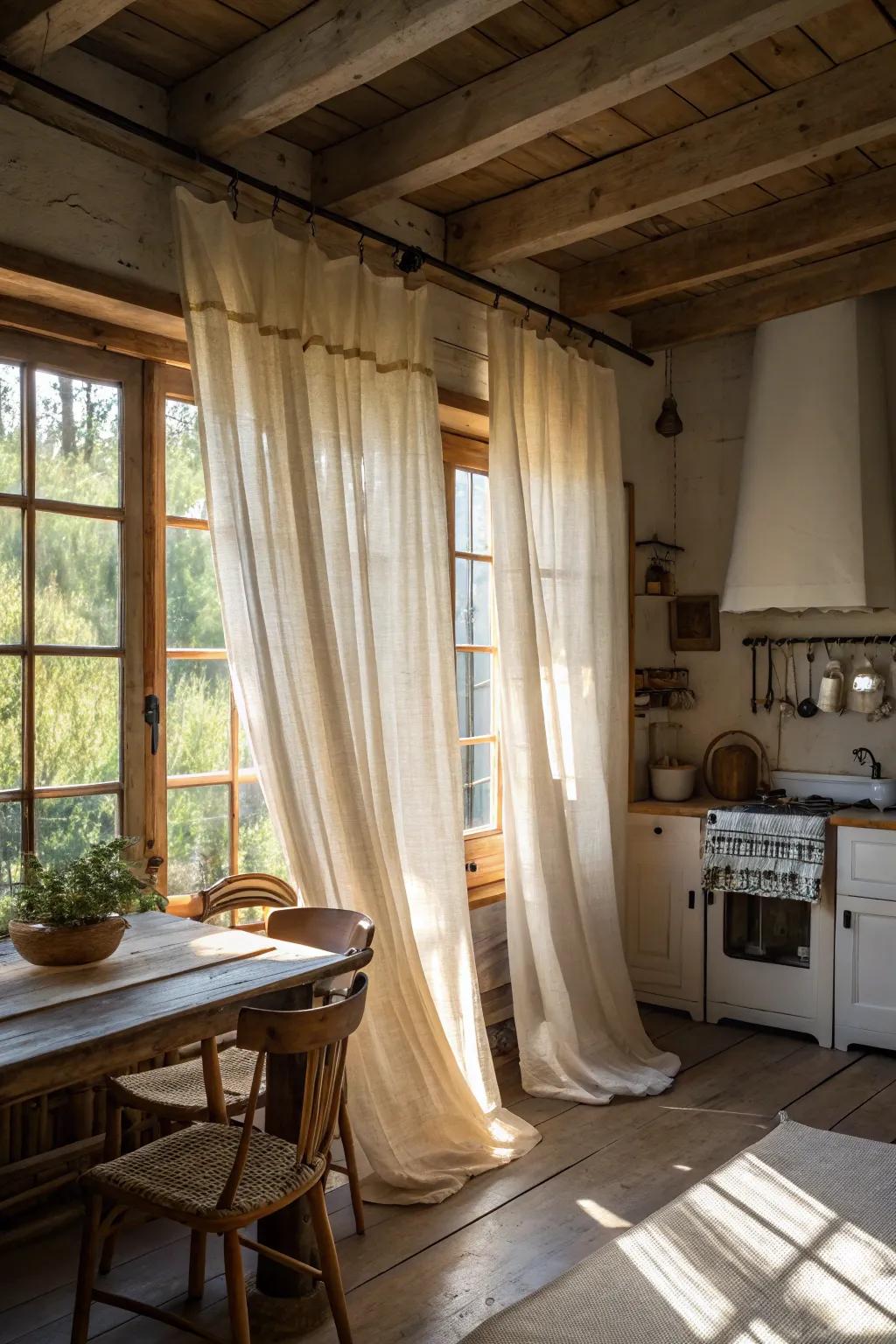 Linen curtains gently diffusing daylight in an endearing farmhouse-style kitchen.