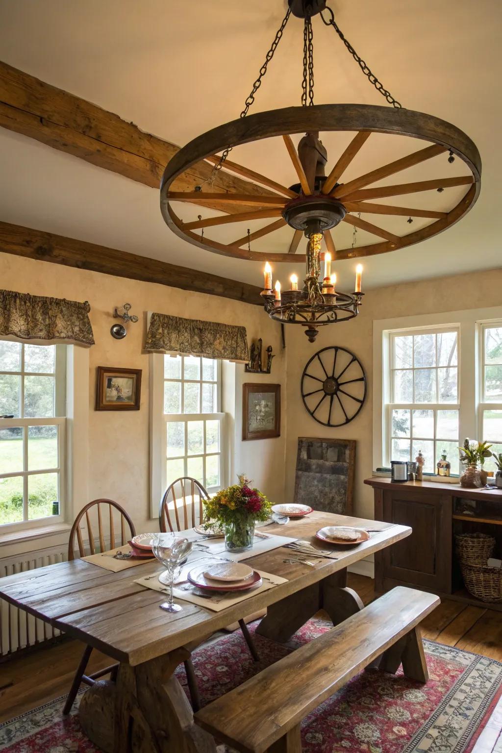 Pioneer wheel chandeliers serve as an enchanting centerpiece in any farmhouse dining setting.