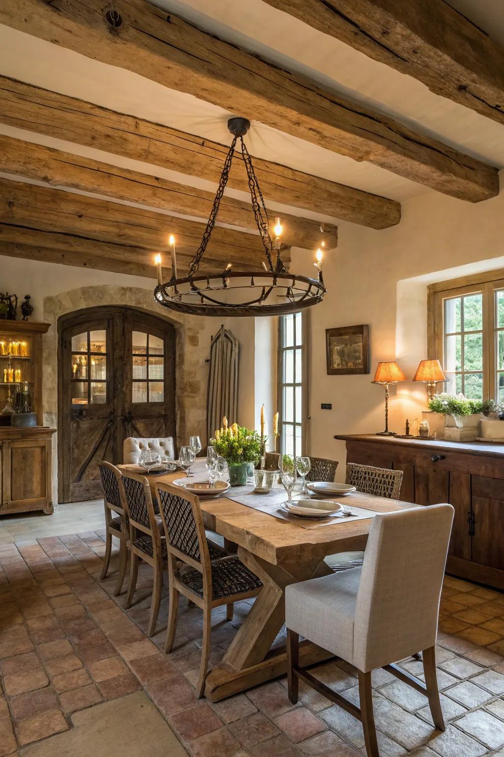 A classic candle chandelier elevates the farmhouse dining room.