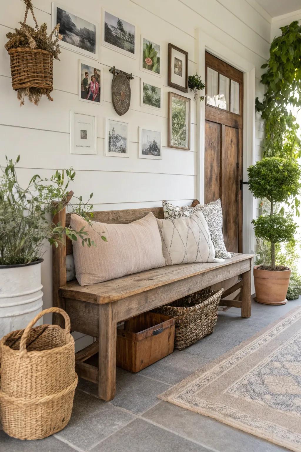 A distressed wood bench in a farmhouse entryway radiates coziness.