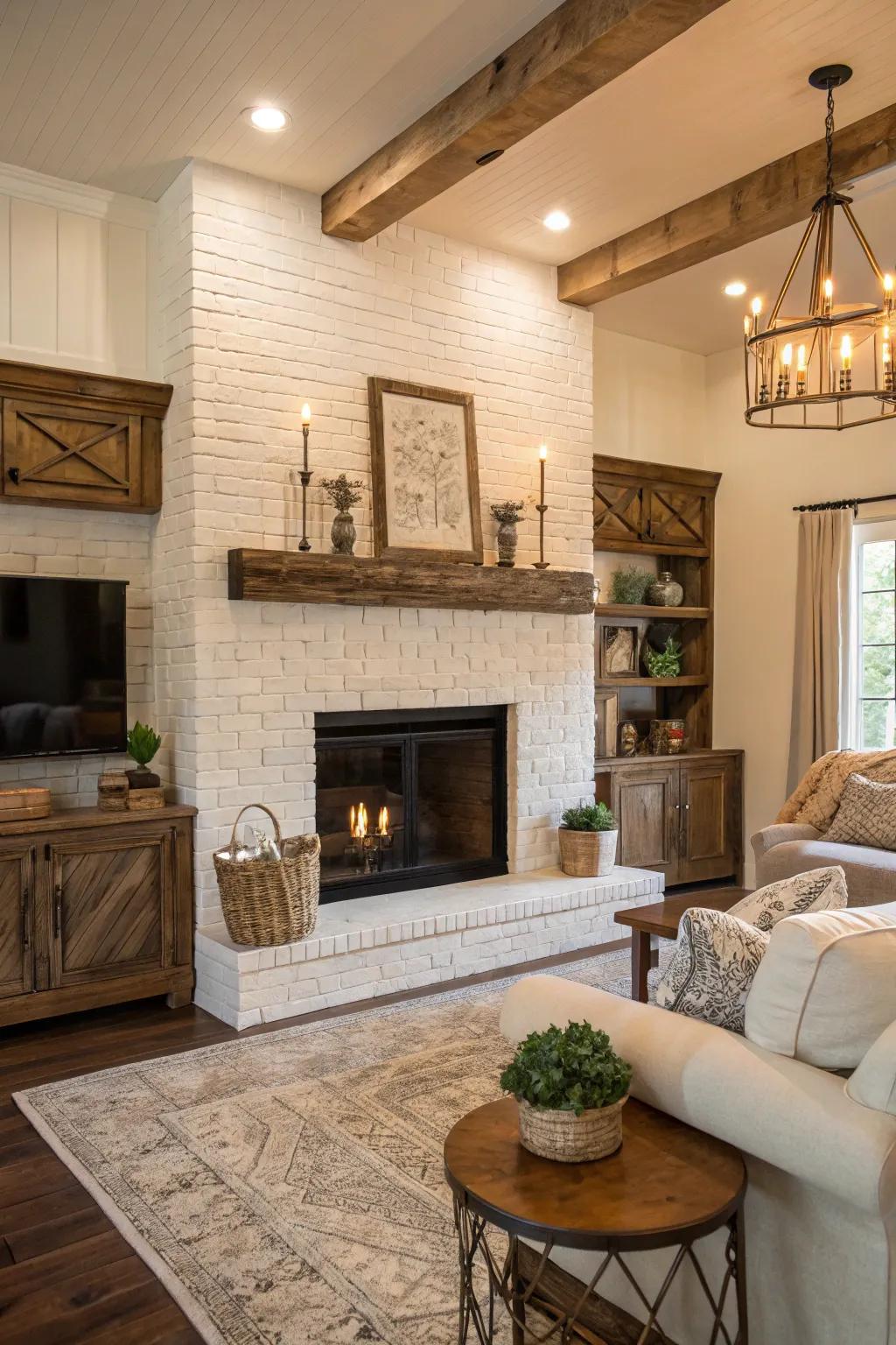 A classic white brick fireplace enhanced by rustic wood accents.