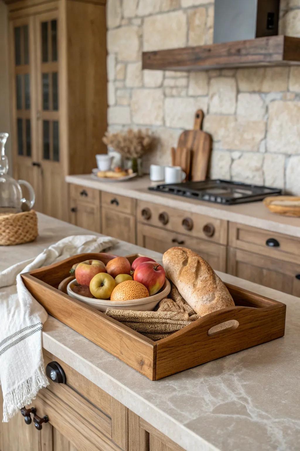 A wooden tray stylishly arranges essential kitchen items on a farmhouse counter.