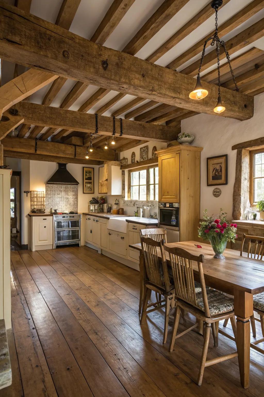 A farmhouse kitchen showcasing exposed timber beams and a deep hardwood floor.
