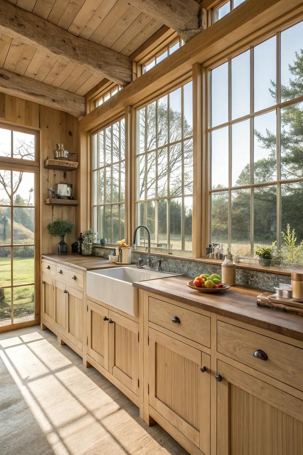 A farmhouse kitchen illuminated by natural light with large windows and light wood cabinets.