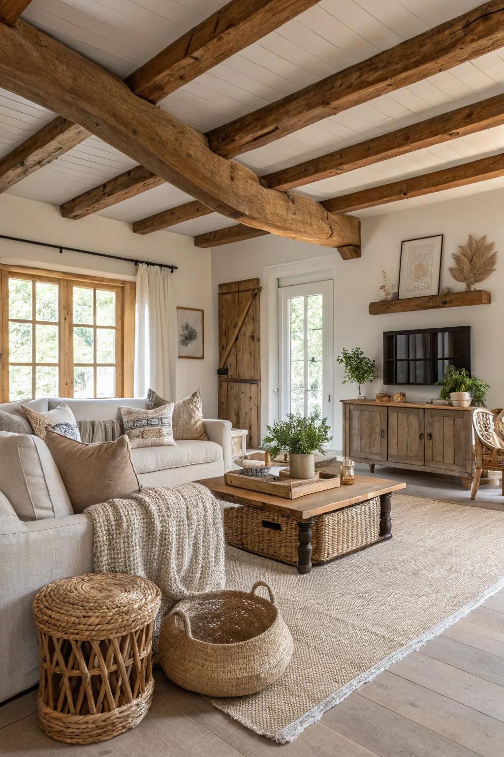 Revealed wood supports contribute architectural interest to this country house family room.