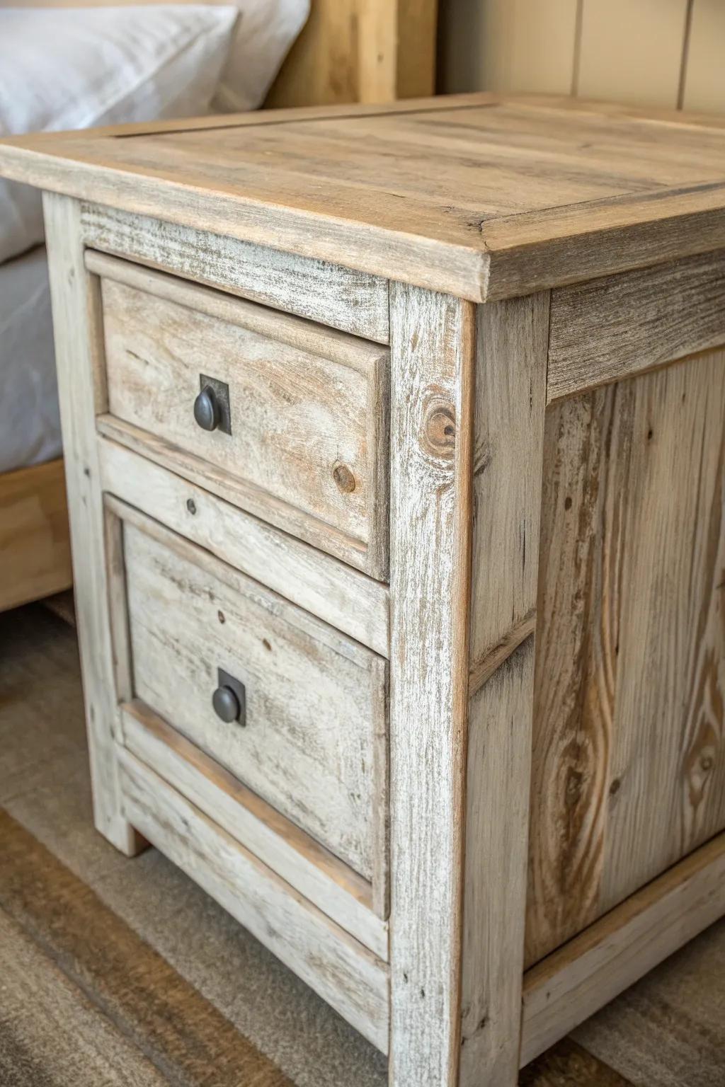 A timber nightstand lays the groundwork for farmhouse styling.