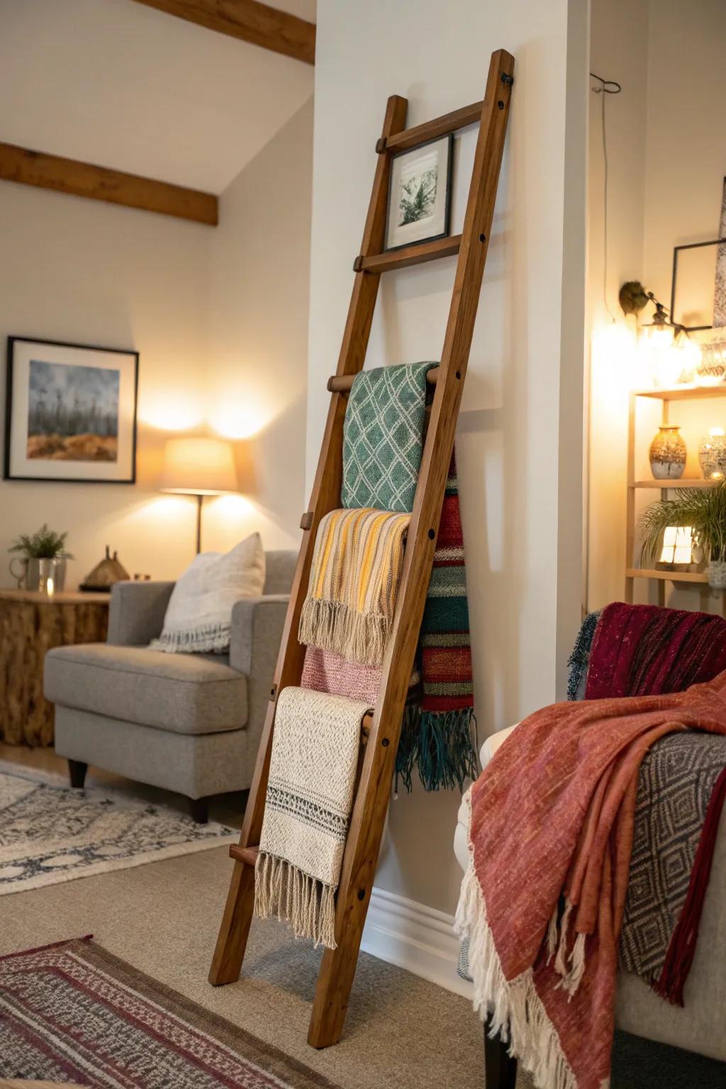 Cozy blanket ladder enhancing a farmhouse living room