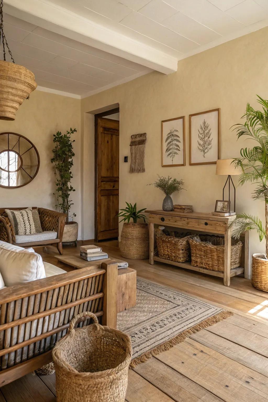 Beige-toned walls create a welcoming mood in this farmhouse-inspired lounge.