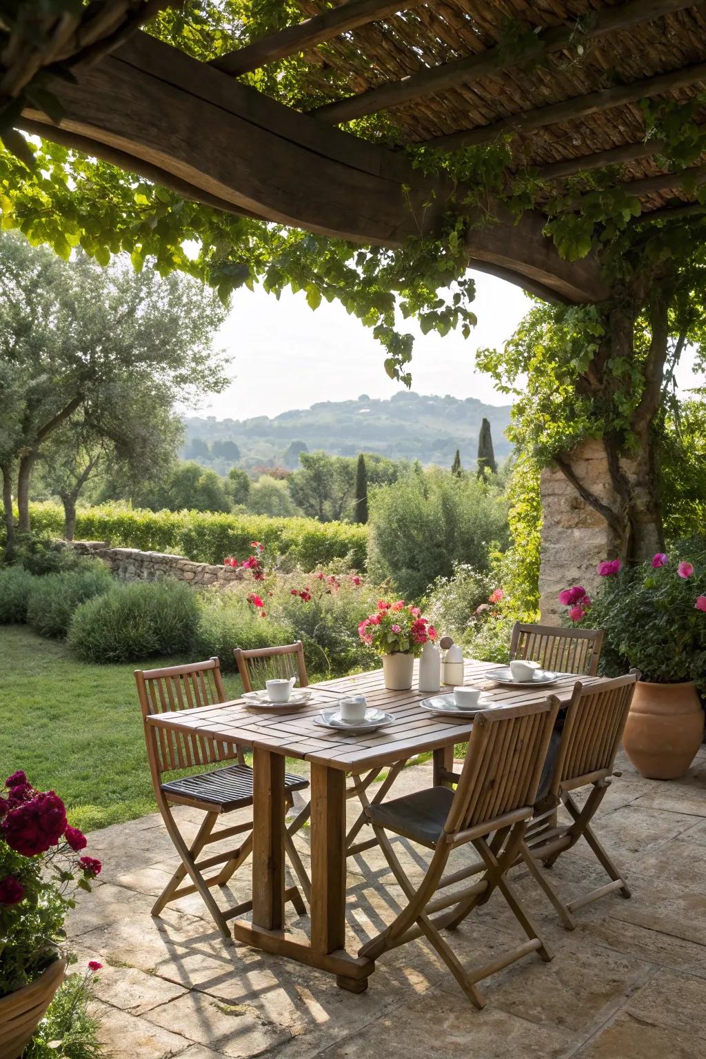 A wood table and chair combo really sets the scene for a farmhouse patio.